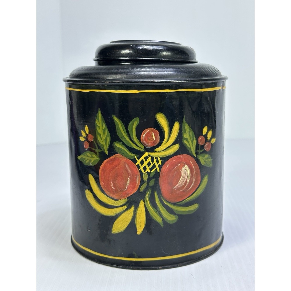 Vintage Black Metal‎ TOLEWARE Hand Painted Kitchen Canister Tea Caddy